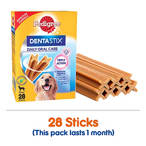 Review Pedigree Dentastix Large Breed (25 kg+) Oral Care Dog Treat, 1.08kg Monthly Pack (28 Chew Sticks)