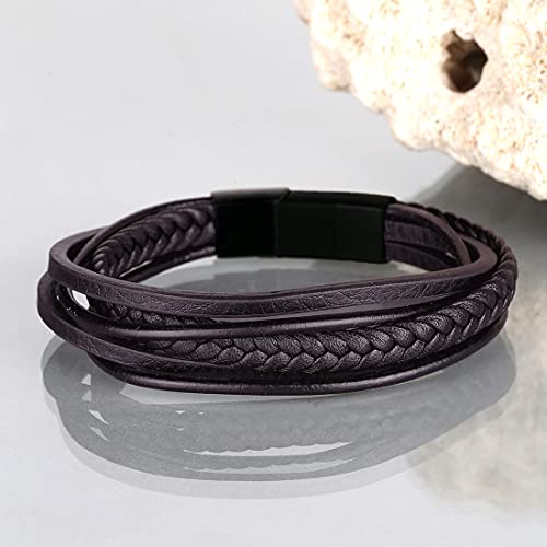 Review Yellow Chimes Magnetic-Clasp Leather Braided Multi-Layer Wrap Mens Bracelet