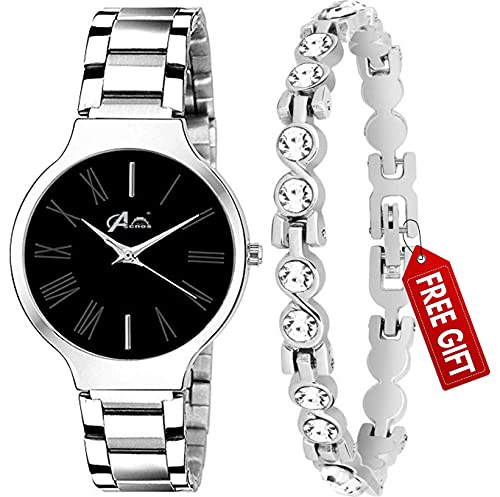 Review Acnos Brand - A Branded Watch 4 Different Dial Black-Blue-Pink-White Stainless Steel Silver Band with Silver braclet and Watch for Women Watch for Girls