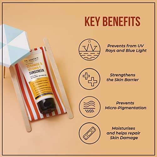 Review Dr. Sheth’s Sunscreen SPF 50 with Ceramide & Vitamin C for Oily, Sensitive, Acne Prone or Dry Skin | PA+++ | Non-Greasy, Water Resistant | Zero White Cast + UVA UVB Sun Protection, 50g