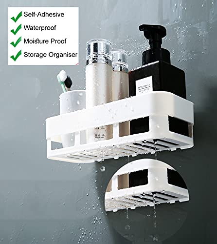 Review Wolpin Plastic Rectangular Multipurpose Wall Shelves with Towel Hanger Shelf Self-Adhesive Sticker Hooks Wall Holder Bathroom Storage Rack Box Strong Shower Rack Shelf - White (2 Pieces)