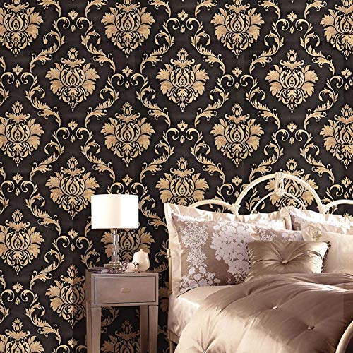 Review Wolpin Wall Stickers DIY Wallpaper (45 x 500 cm) Black Damask Luxury Self Adhesive Decals Living Room Bedroom Decoration, Black