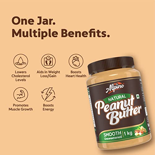 Review Alpino Natural Peanut Butter Smooth 2 KG | Unsweetened | 100% Roasted Peanuts | No Added Sugar, Salt, or Hydrogenated Oils | High Protein Peanut Butter Creamy | Gluten-Free | Vegan | 1 KG, Pack of 2