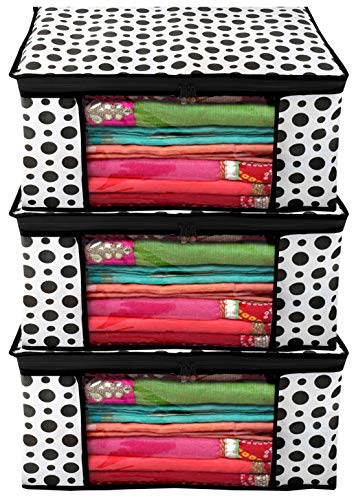 Review Kuber Industries Polka Dots Design 3 Piece Non Woven Fabric Saree Cover/ Clothes Organiser For Wardrobe Set with Transparent Window, Extra Large, (Black & White) - CTKTC038087